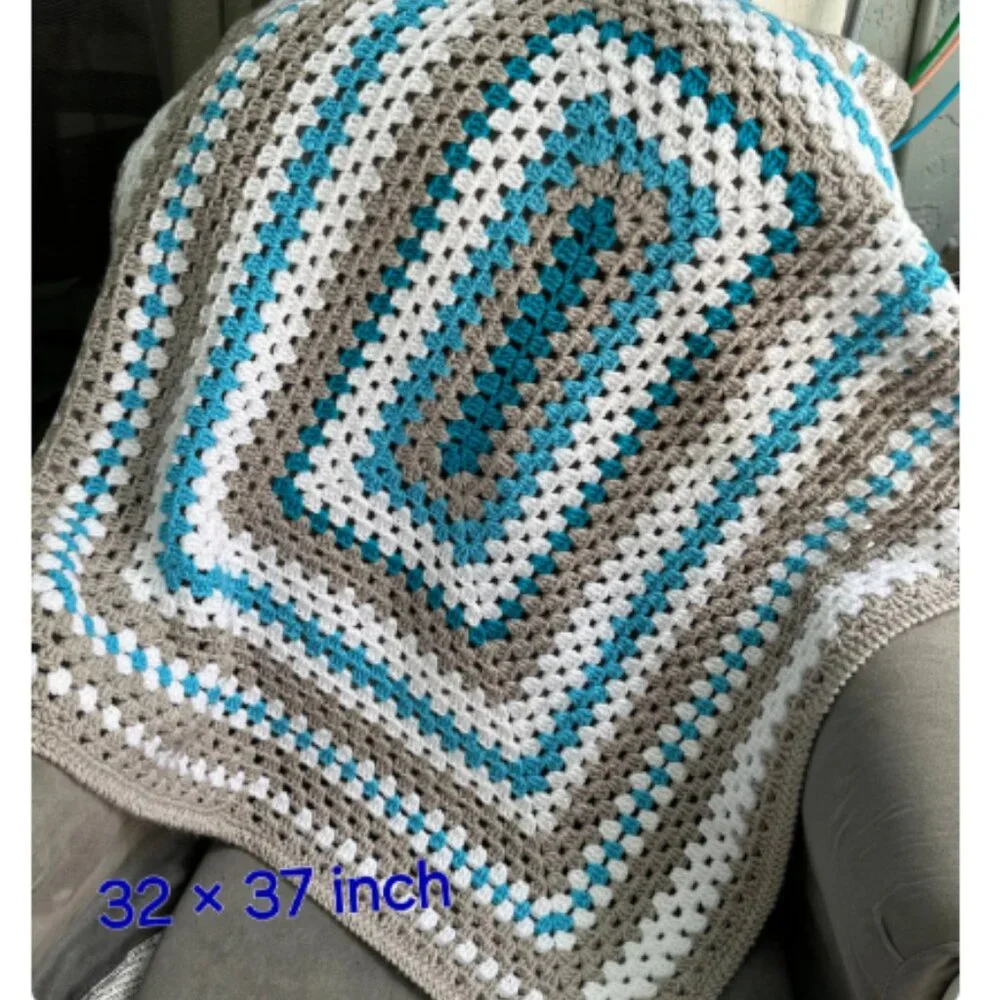 Handmade Crochet Granny Square Blanket 32 x 37 inch Teal Gray White